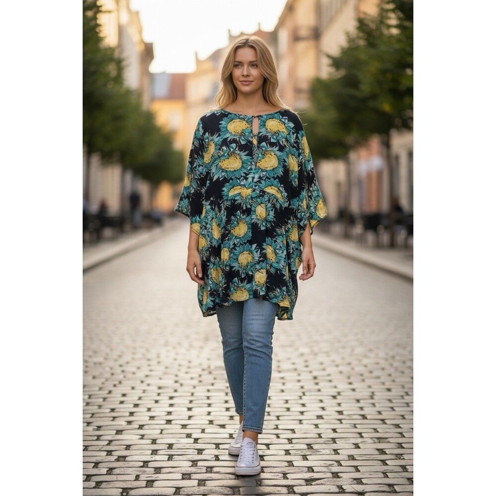 Umgee Teal Sunflower High Low Blouse Top Bell Sleeve Tie Neck Lightweight Large